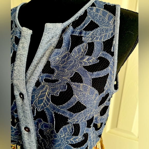 Unique Denim Embroidered Button Down + Silk Multi-Patterned Tunic **Size M** - Picture 2 of 6